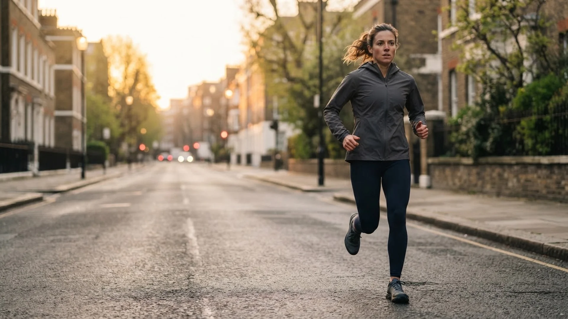 Läuferin joggt frühmorgens auf einer Londoner Straße im Sonnenaufgang